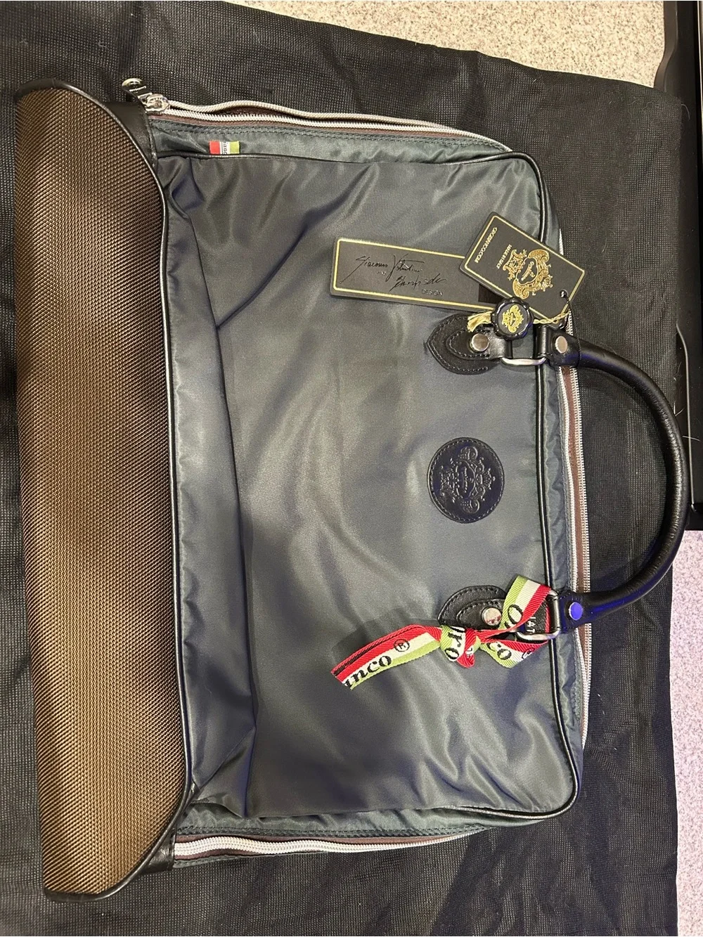 Navy Travel Briefcase with Brown Trim and Crest Accent